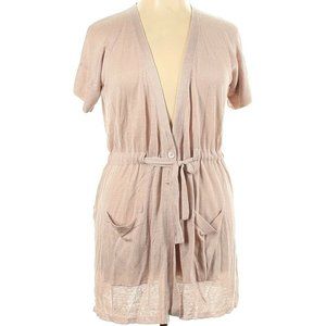 $$$ ARMANI COLLEZIONI LAVENDER BEIGE SHORT SLEEVE TIE V-NECK CARDIGAN FLAX SILK
